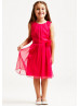 A-line Fuchsia Chiffon Knee Length Flower Girl Dress With Flower Sash